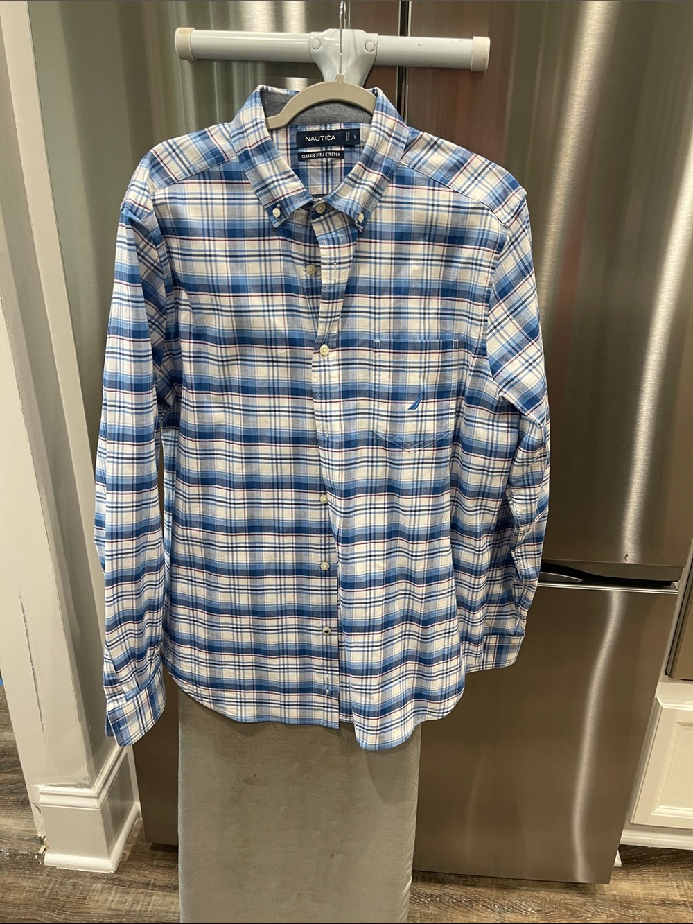 Nautica Blue and White Plaid Long-Sleeve Button-Down Shirt